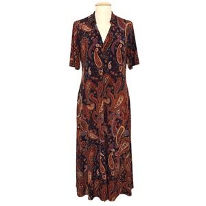 MSK Women Dress L Navy Rust Paisley Jersey Knit Midi Earthy Classic Retro Travel